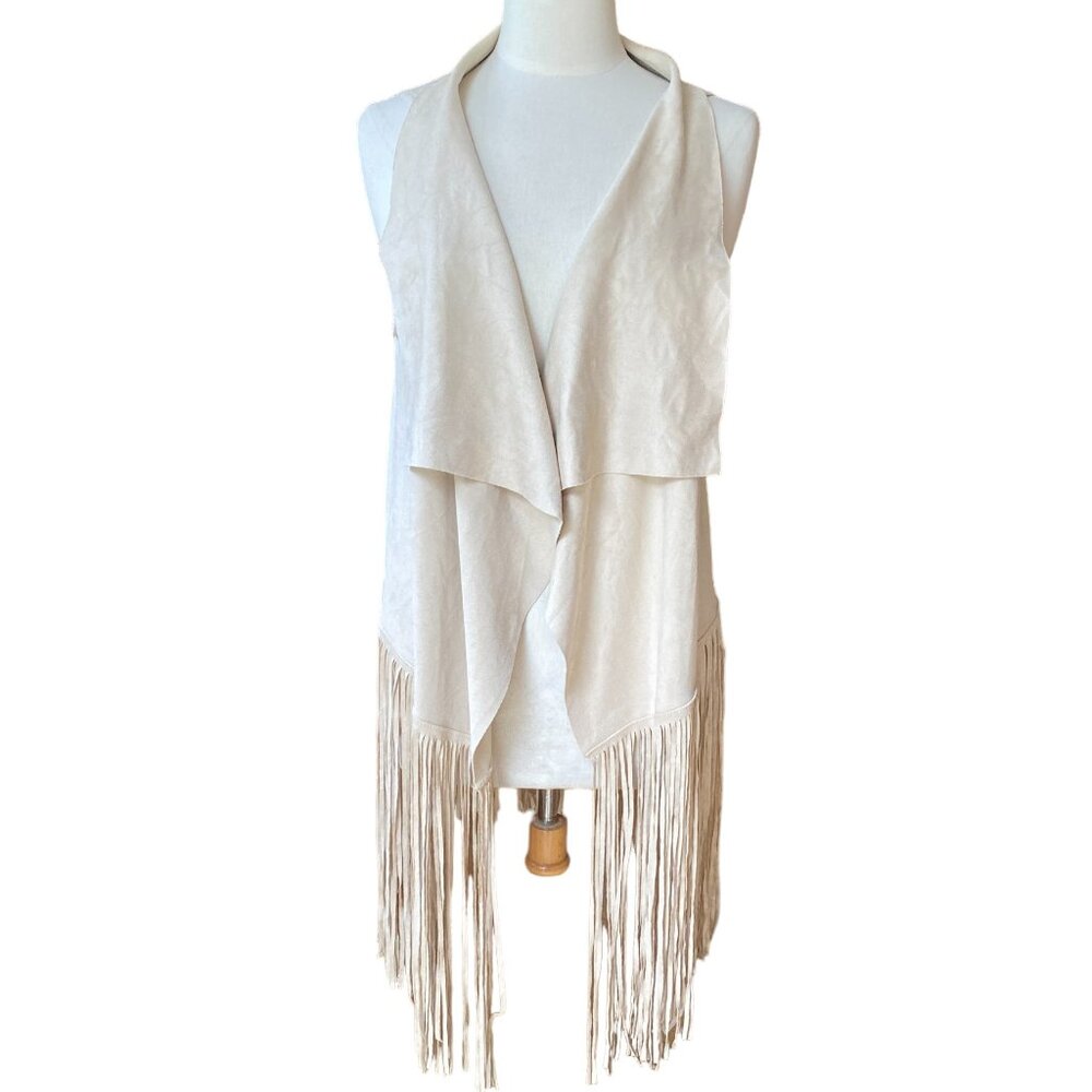 Do Everything in Love Faux Suede Fringe Vest Taupe Boho Festival Drape Front-OS